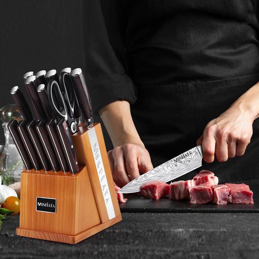 MOSFIATA Knife Set-21Pcs Kitchen Knife Set with detachable Knife Holder & Sharpener Rod, German High Carbon Stainless Steel EN1.4116 Chef knife set with Handle colored wood